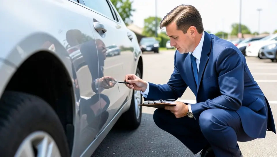Insurance adjuster inspecting a dent on a car door before approving a claim