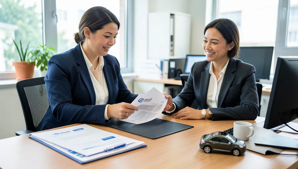 Insurance agent reviewing auto policy documents with a customer at a desk