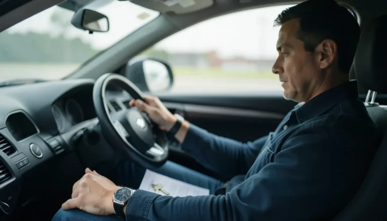 Driver reviewing insurance paperwork and a car key while seated behind the wheel