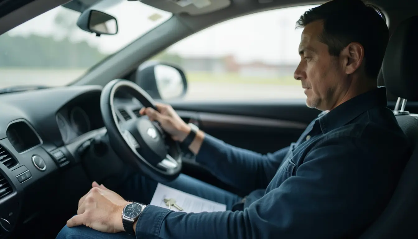 Driver reviewing insurance paperwork and a car key while seated behind the wheel