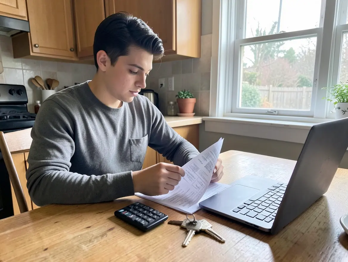 Person reviewing a car insurance bill and calculating monthly costs at home
