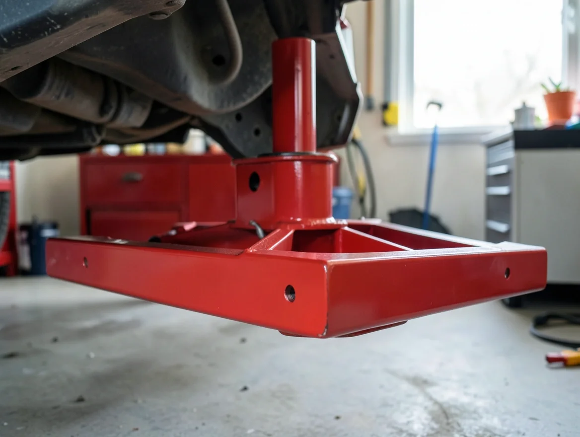 Red steel jack stand supporting the frame of a car in a home garage