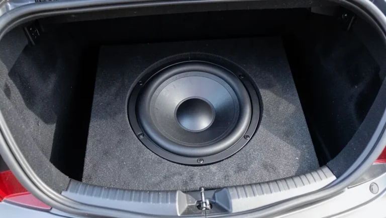 Car subwoofer mounted in a sealed enclosure box inside a vehicle trunk