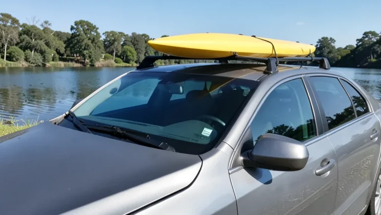 Kayak strapped to a car roof rack with tie-down straps, illustrating a bare-roof car set up to carry a kayak