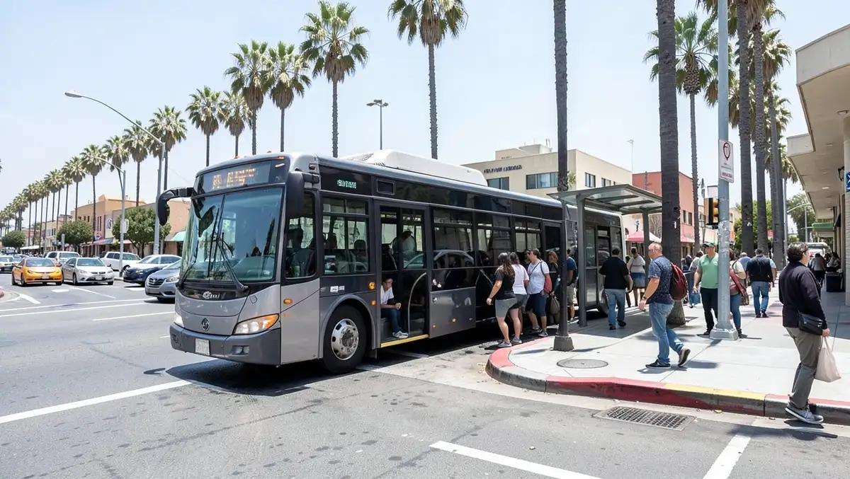 Los Angeles city bus picking up passengers at a curbside stop