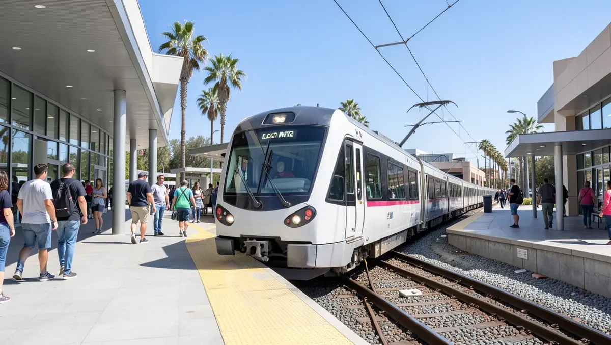 LA Metro rail train arriving at an outdoor station platform