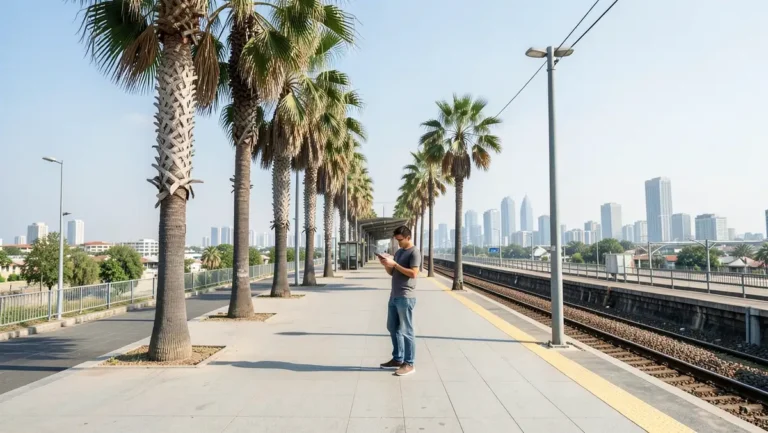 Person checking phone while waiting on an outdoor rail platform lined with palm trees
