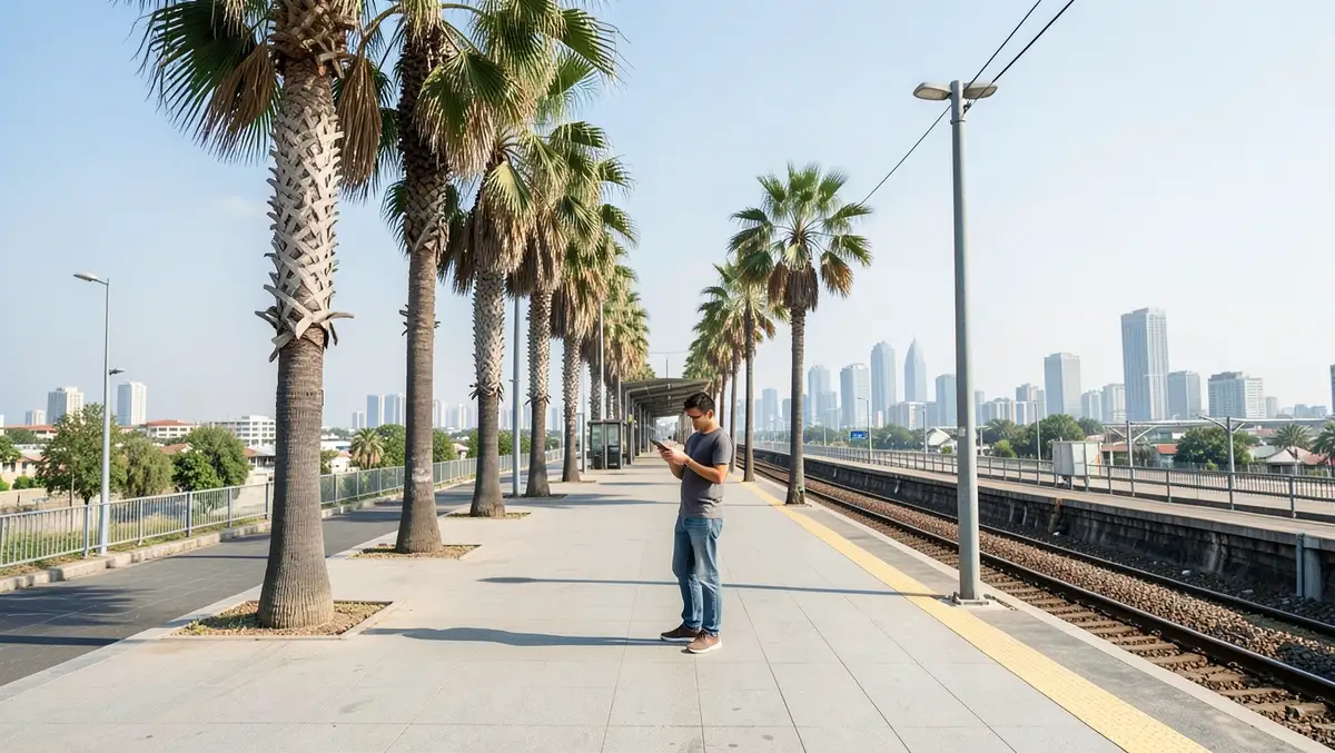 Person checking phone while waiting on an outdoor rail platform lined with palm trees