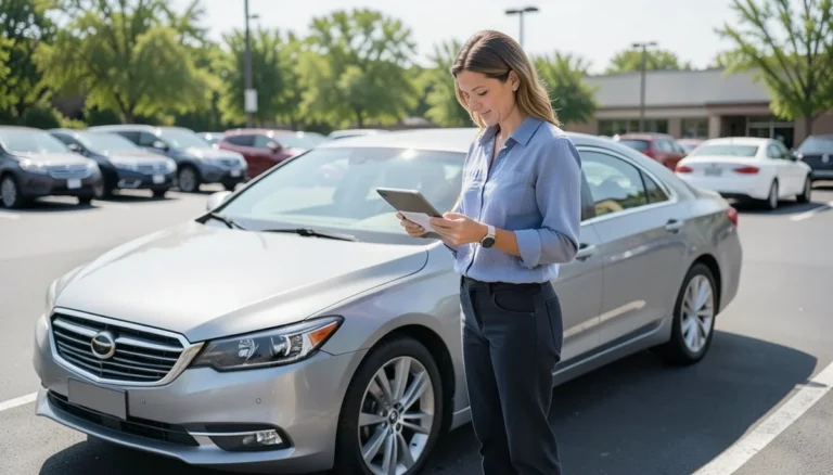 small business owner reviewing tax documents beside a leased business car in a parking lot