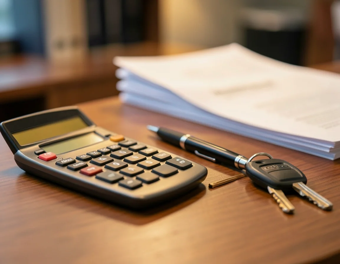 calculator, pen, and car keys on a desk next to lease paperwork, representing calculating a car lease tax deduction