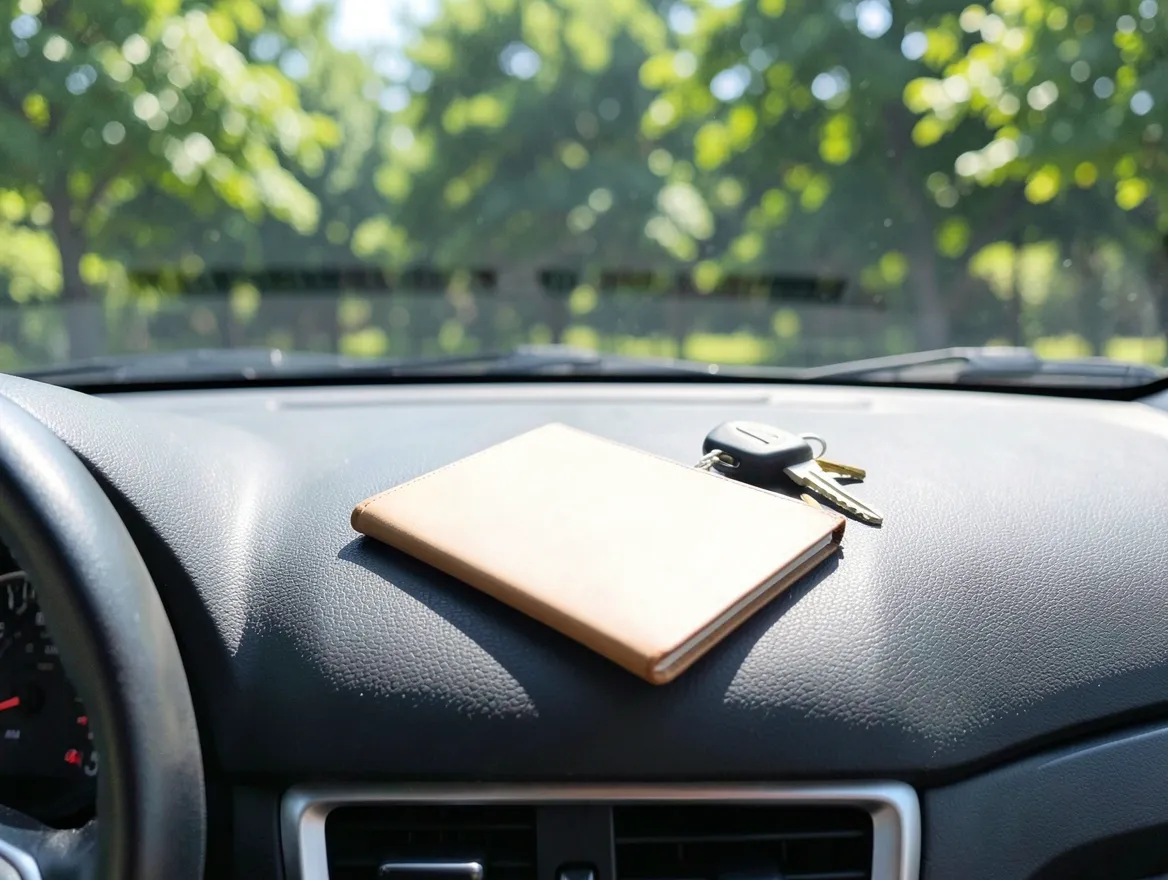 closed mileage log notebook and car keys resting on a car dashboard