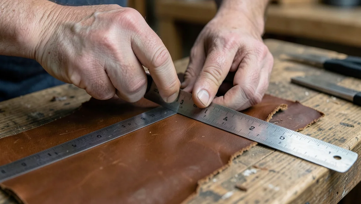 Hands measuring and cutting a leather hide with a ruler and craft knife to make a car seat pattern piece