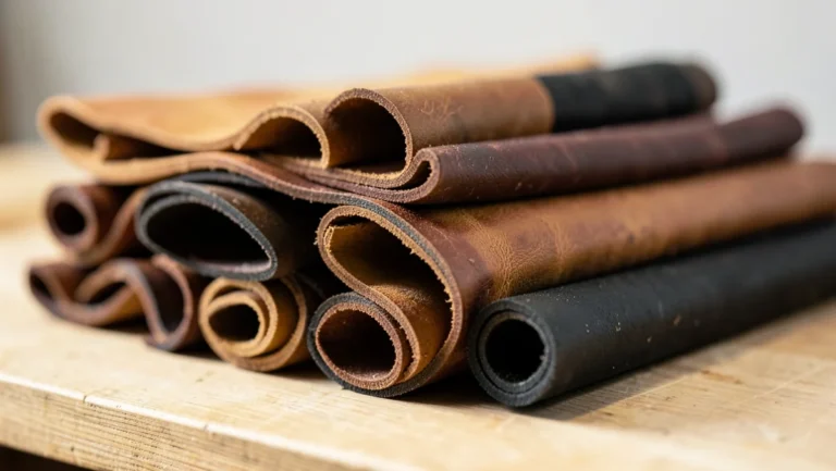 Stack of rolled brown, tan, and black leather hides on a wooden workbench for car upholstery