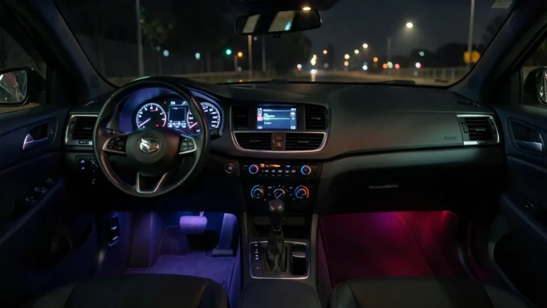 Car interior dashboard glowing with colorful RGB LED ambient accent lighting at night