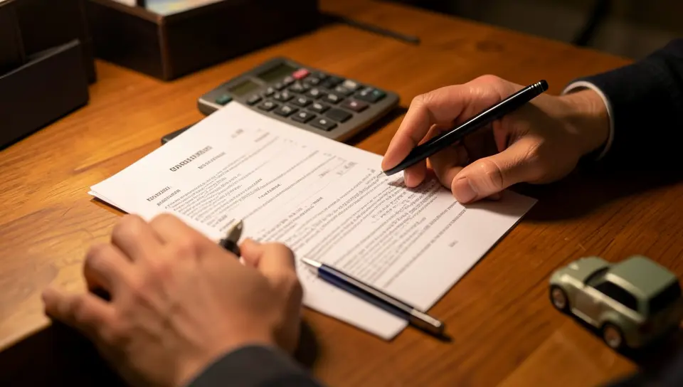 Person reviewing a car loan agreement with a calculator before requesting lender approval for a transfer