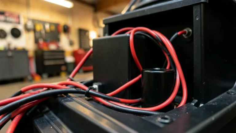 Car audio stiffening capacitor wired into a red positive power cable near an amplifier in a car trunk installation