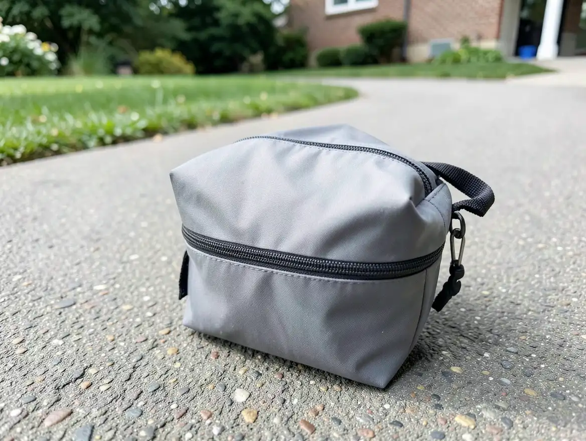 Lightweight car cover folded into its compact carrying bag