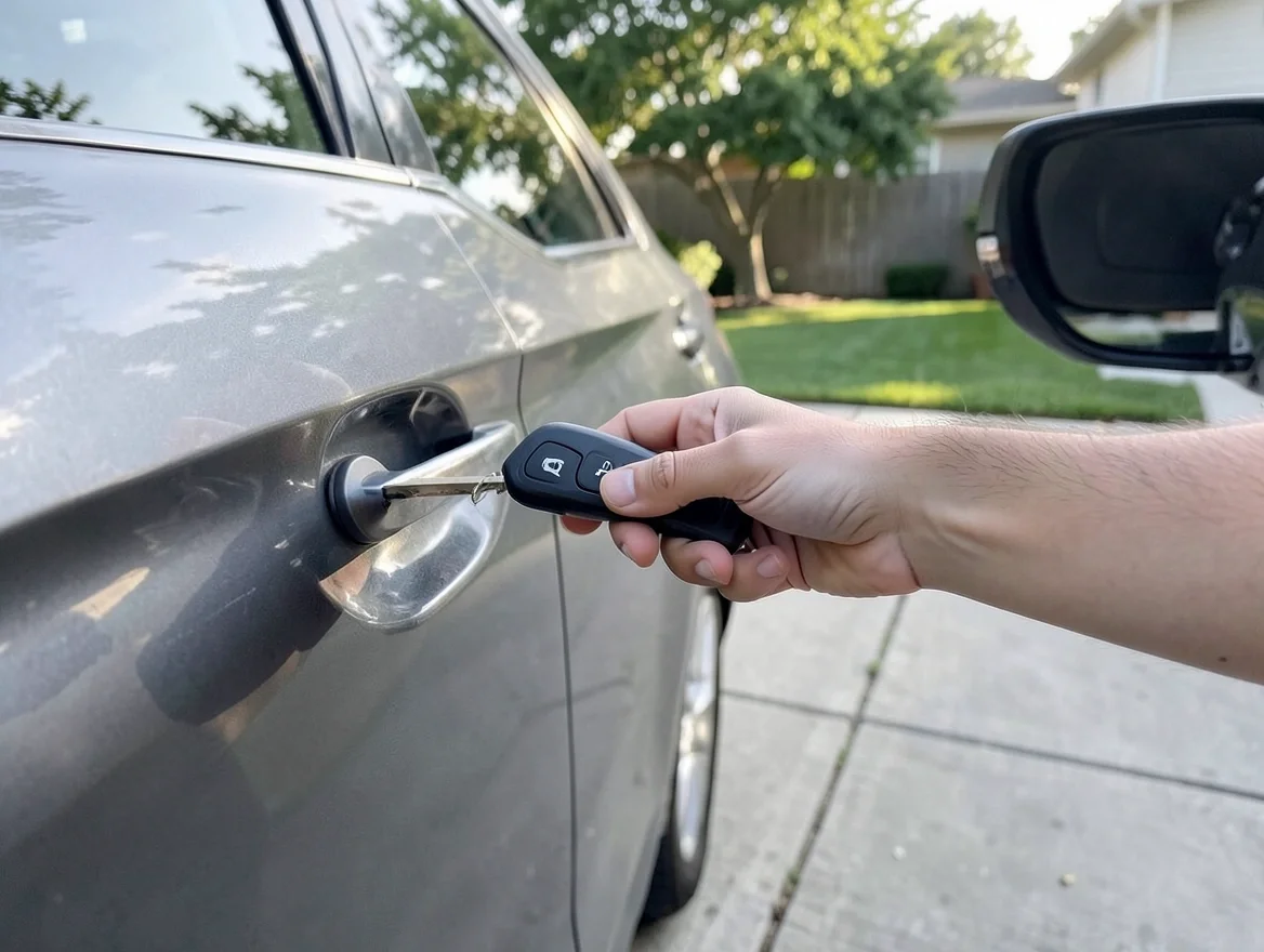 Person locking a car door with a key fob remote to arm the alarm system