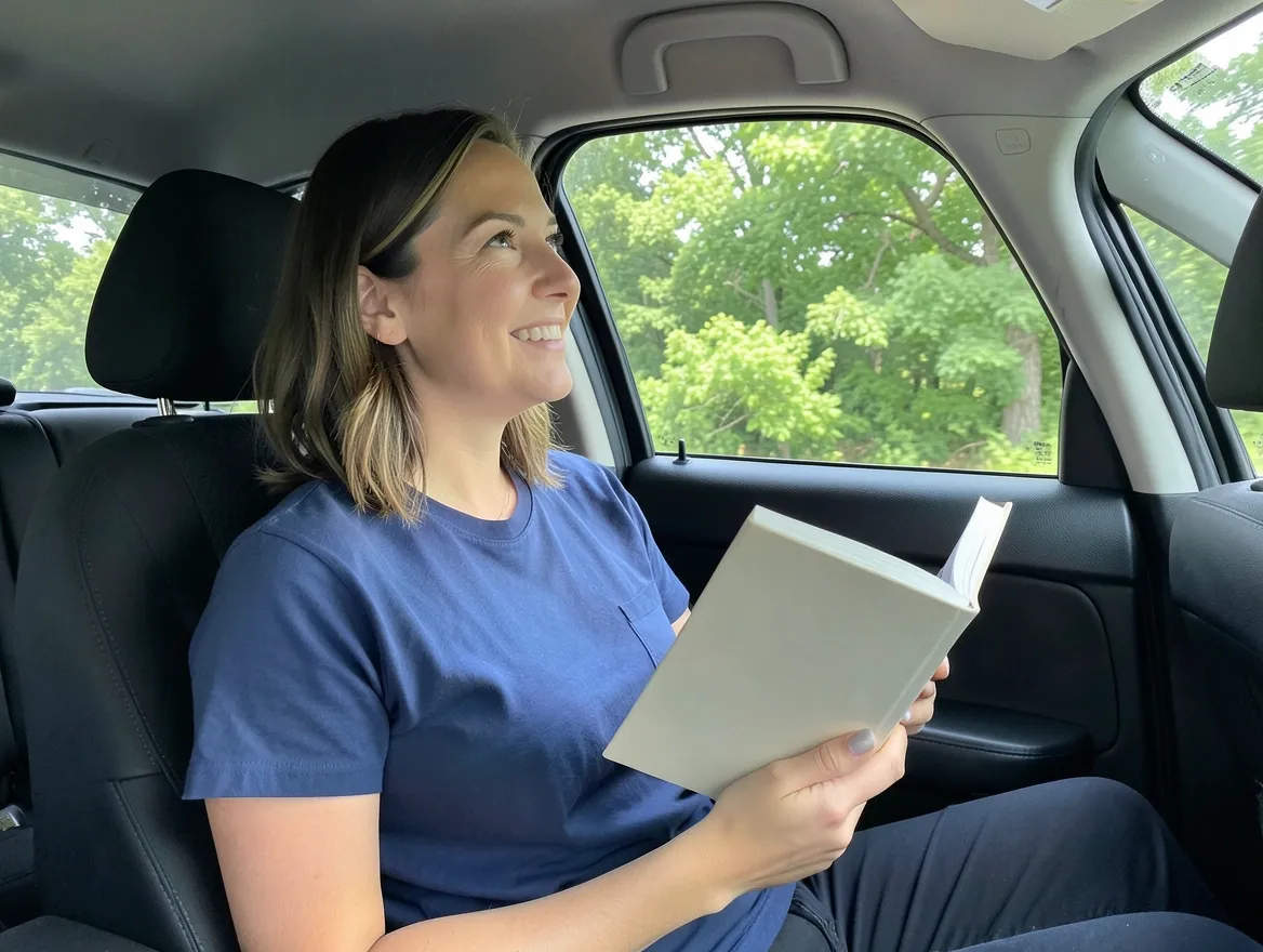 Woman lowering her book and looking out the car window at the horizon to reset her sense of motion