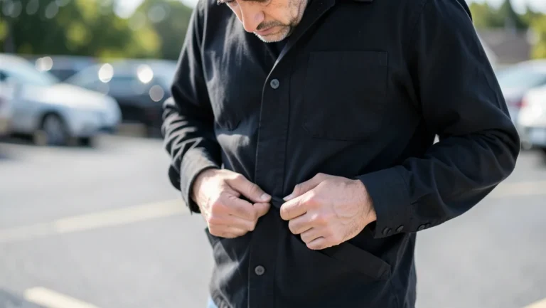 Traveler checking jacket pockets for a lost rental car key in a parking lot