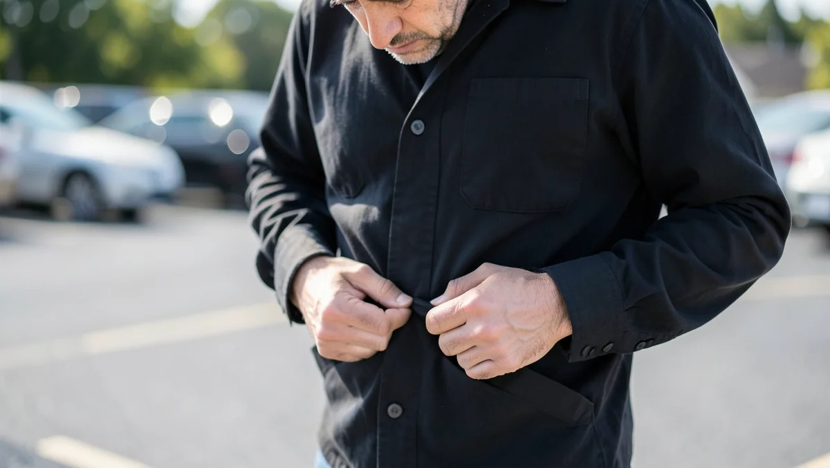 Traveler checking jacket pockets for a lost rental car key in a parking lot