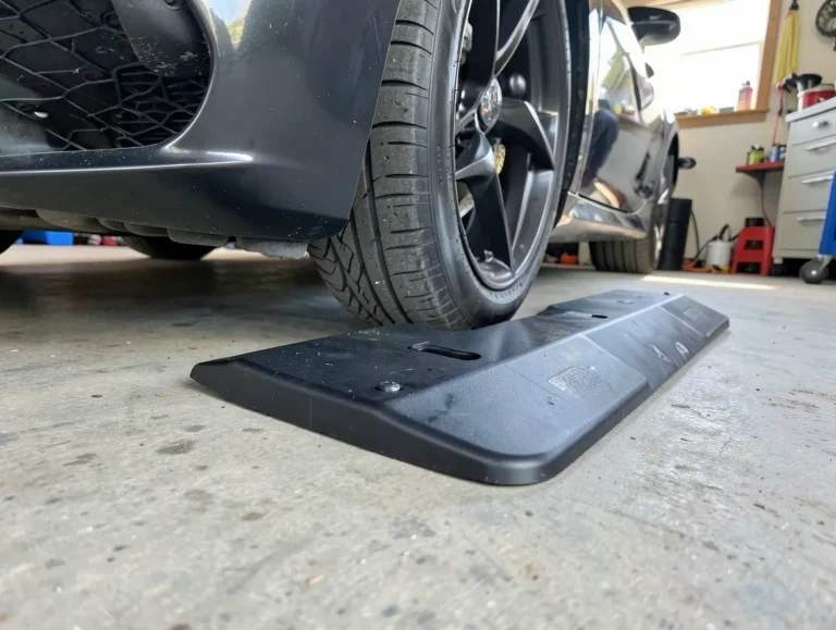 Low-profile black plastic car service ramp positioned under the front tire of a low-clearance sports car in a home garage