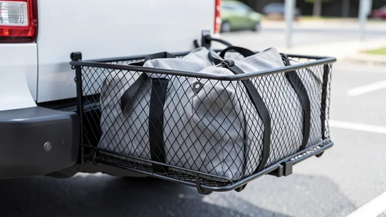 Hitch-mounted cargo basket loaded with duffel bags behind an SUV