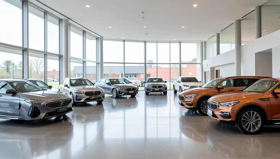 Luxury car dealership showroom with several premium sedans and SUVs on display