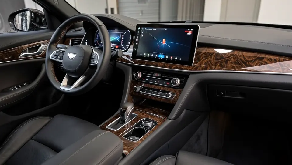 Luxury car interior with leather seats, wood trim, and a large infotainment touchscreen