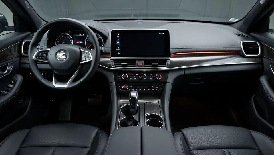 Luxury car interior with black leather seats, a large center touchscreen, and ambient lighting
