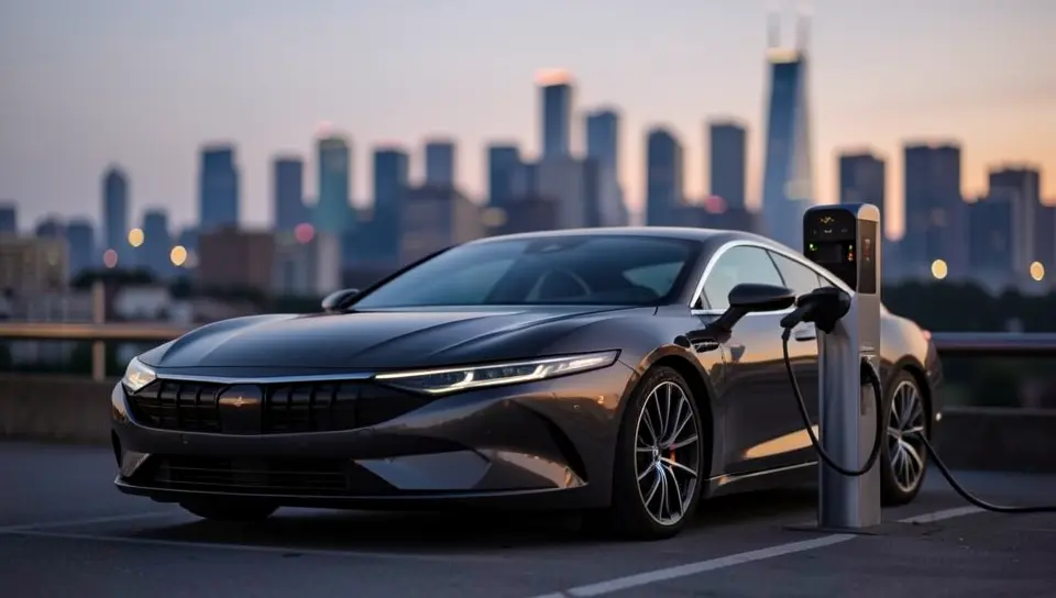 Luxury electric sedan plugged into a public charging station at dusk with a city skyline in the background