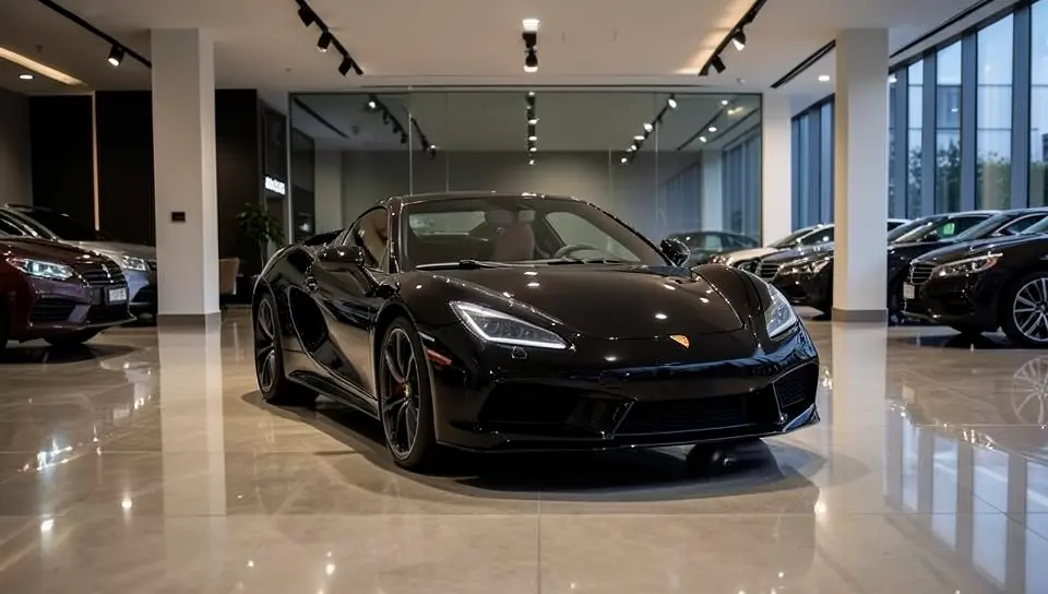 Black luxury sports coupe displayed inside an upscale car dealership showroom