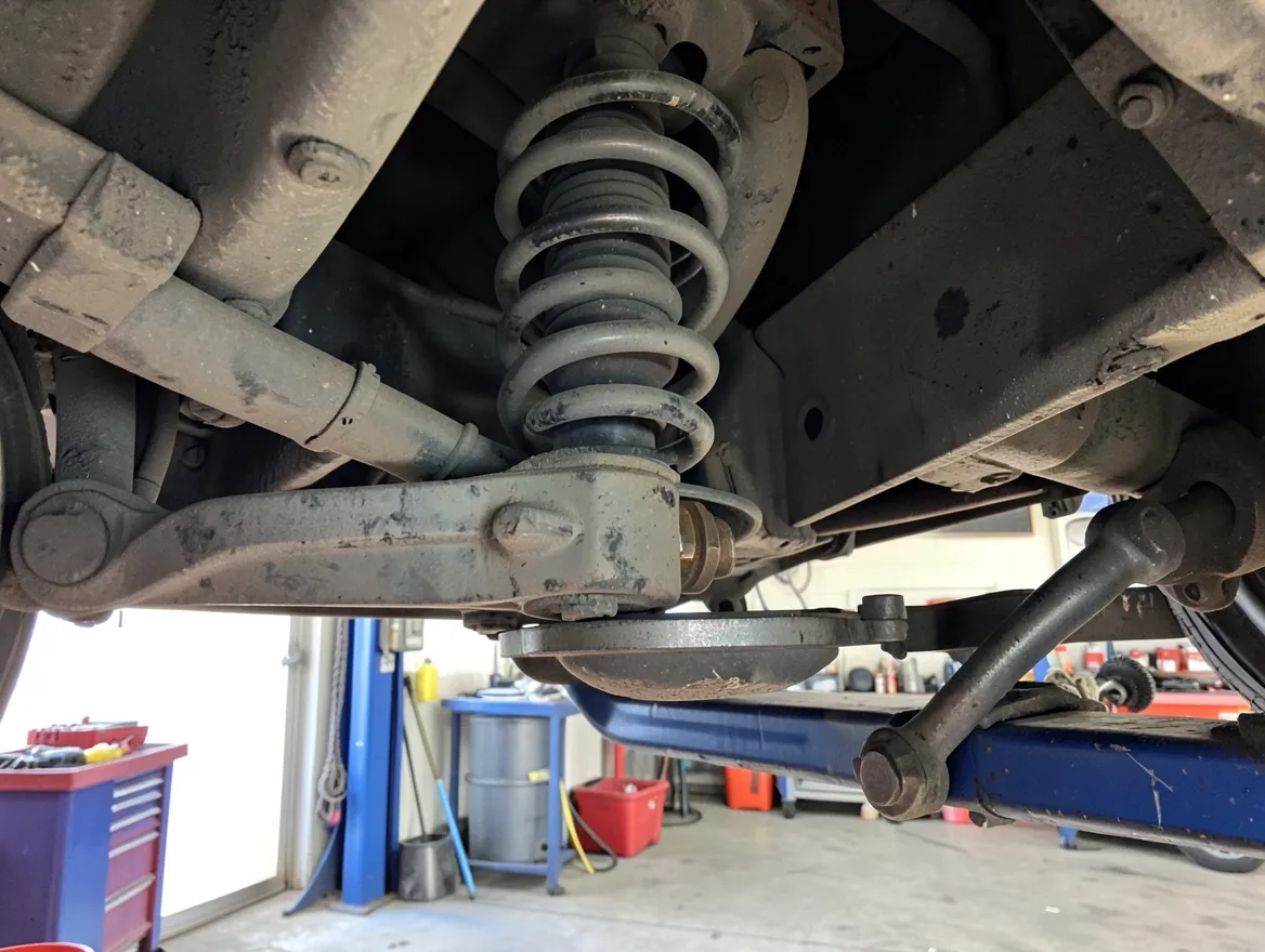 View from underneath a car showing the MacPherson strut and coil spring mounted to the front suspension