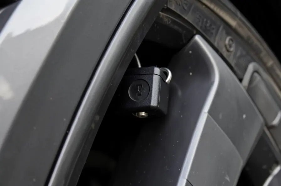Magnetic key lock box hidden inside a car wheel well near the frame rail