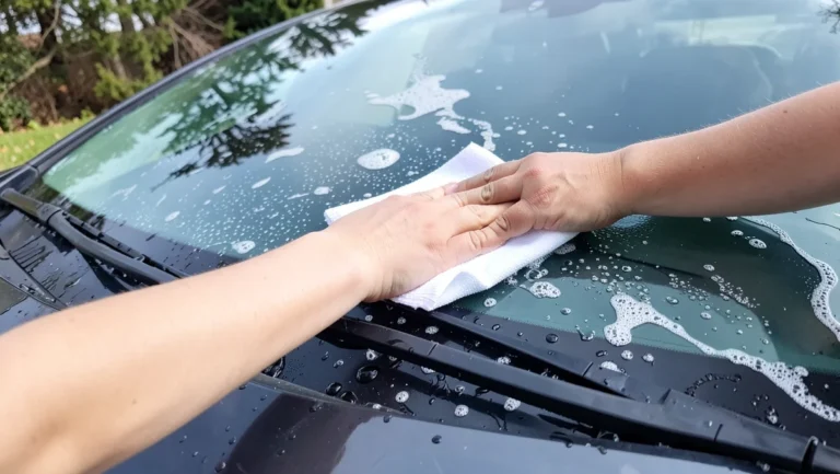 Hand wiping soapy water off a curved car windshield with a microfiber cloth