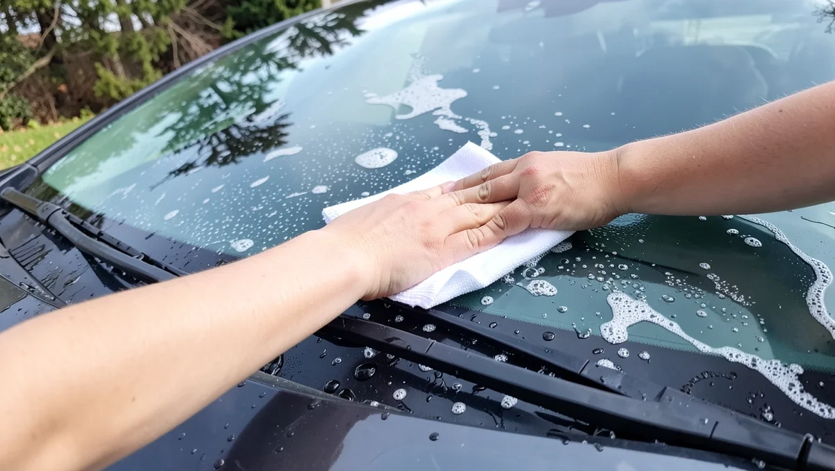 Hand wiping soapy water off a curved car windshield with a microfiber cloth