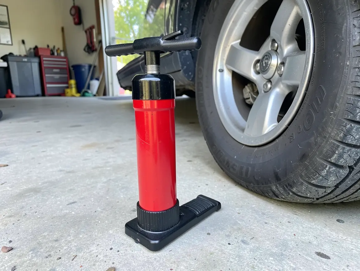 Manual floor pump for car tires standing next to a car wheel in a garage