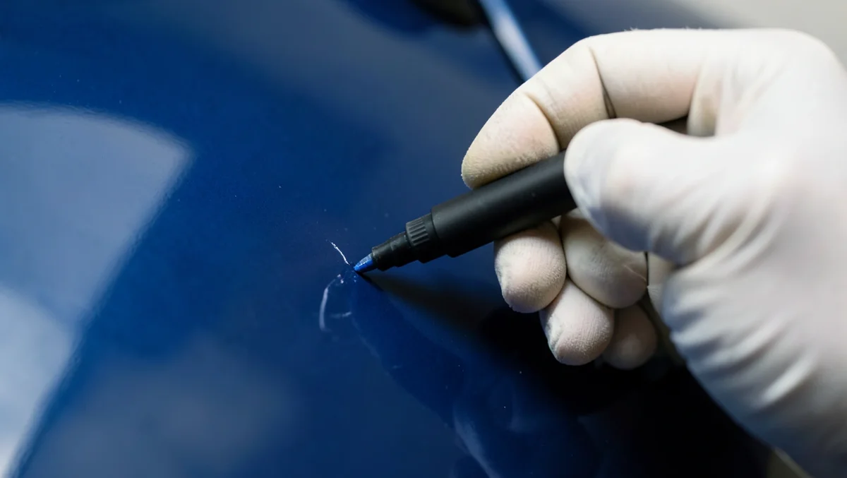 Gloved hand applying a touch-up paint marker to a small scratch on a car's blue clear-coat panel