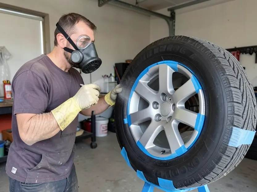 Person wearing gloves and a respirator spray painting a removed car wheel with the tire masked off
