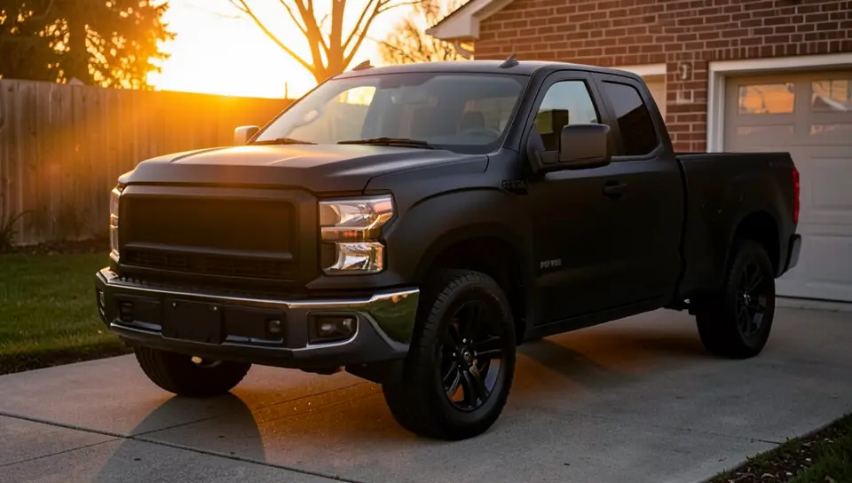 Matte black pickup truck parked in a driveway at sunset