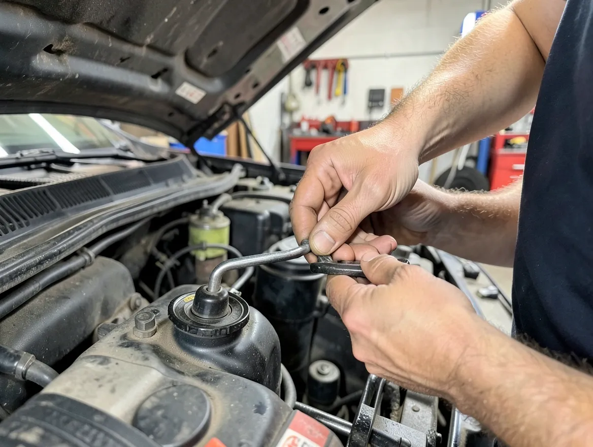 Mechanic checking engine fluid under the hood as part of routine maintenance that helps a car reach maximum mileage