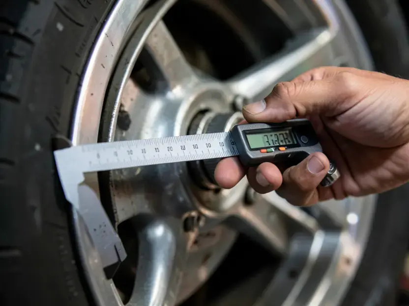 Mechanic measuring a wheel bolt pattern with digital calipers
