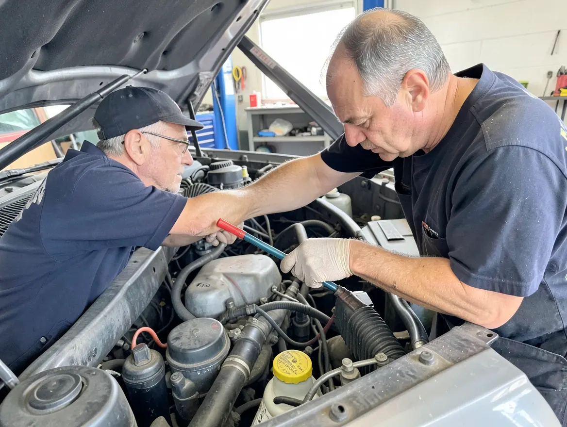 Mechanics checking a car engine oil level with a dipstick