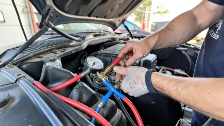 Mechanic connecting a manifold gauge set to a car air conditioning service port
