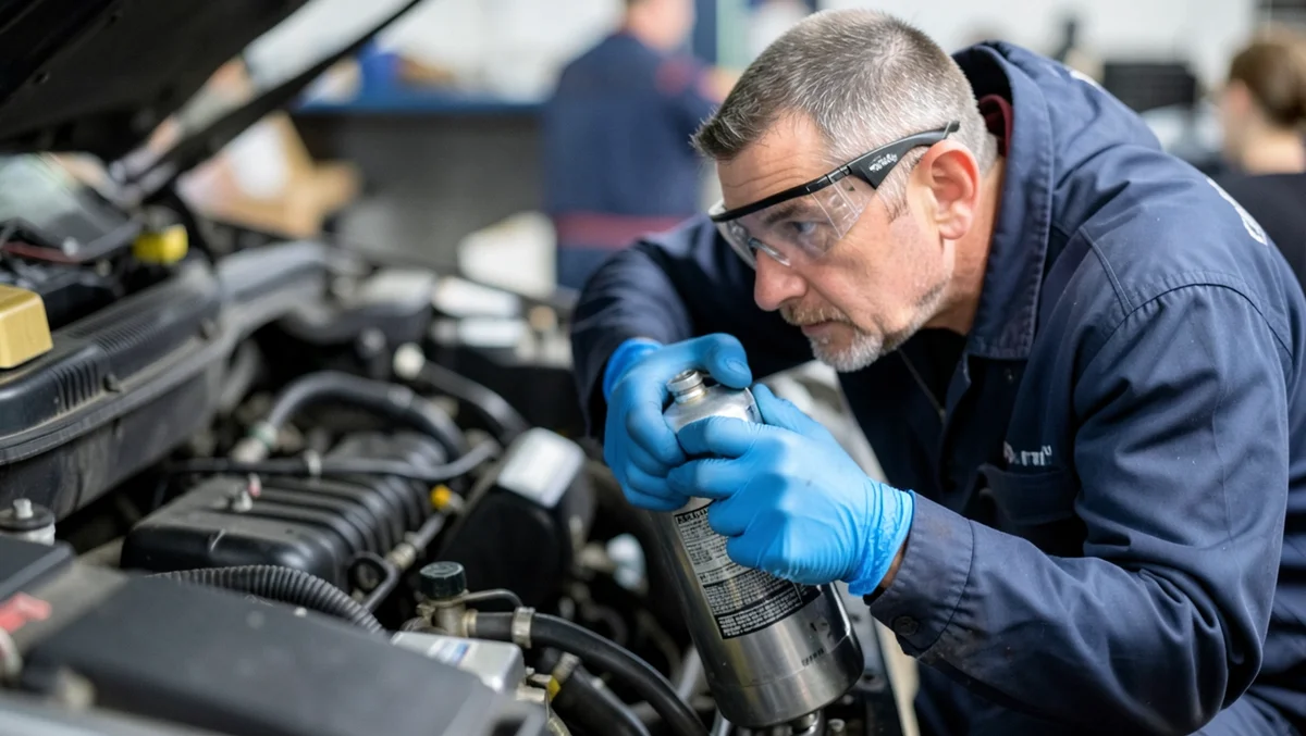 Mechanic wearing safety goggles and gloves holding an automotive refrigerant can