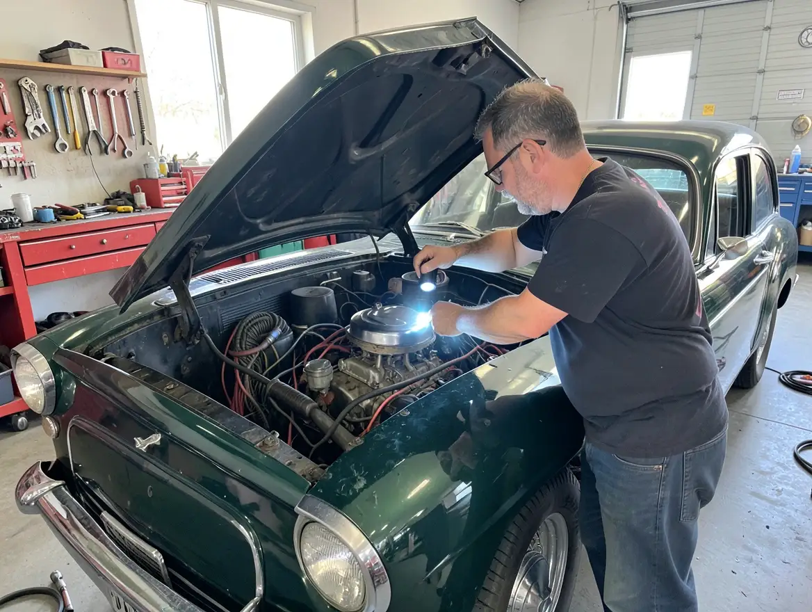 Mechanic inspecting the engine bay of a classic antique car in a home garage