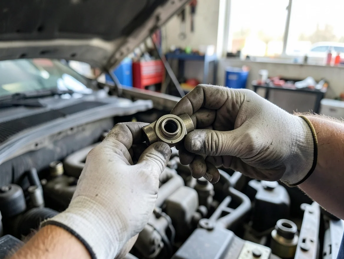 Mechanic inspecting a car cooling system component removed from the engine bay