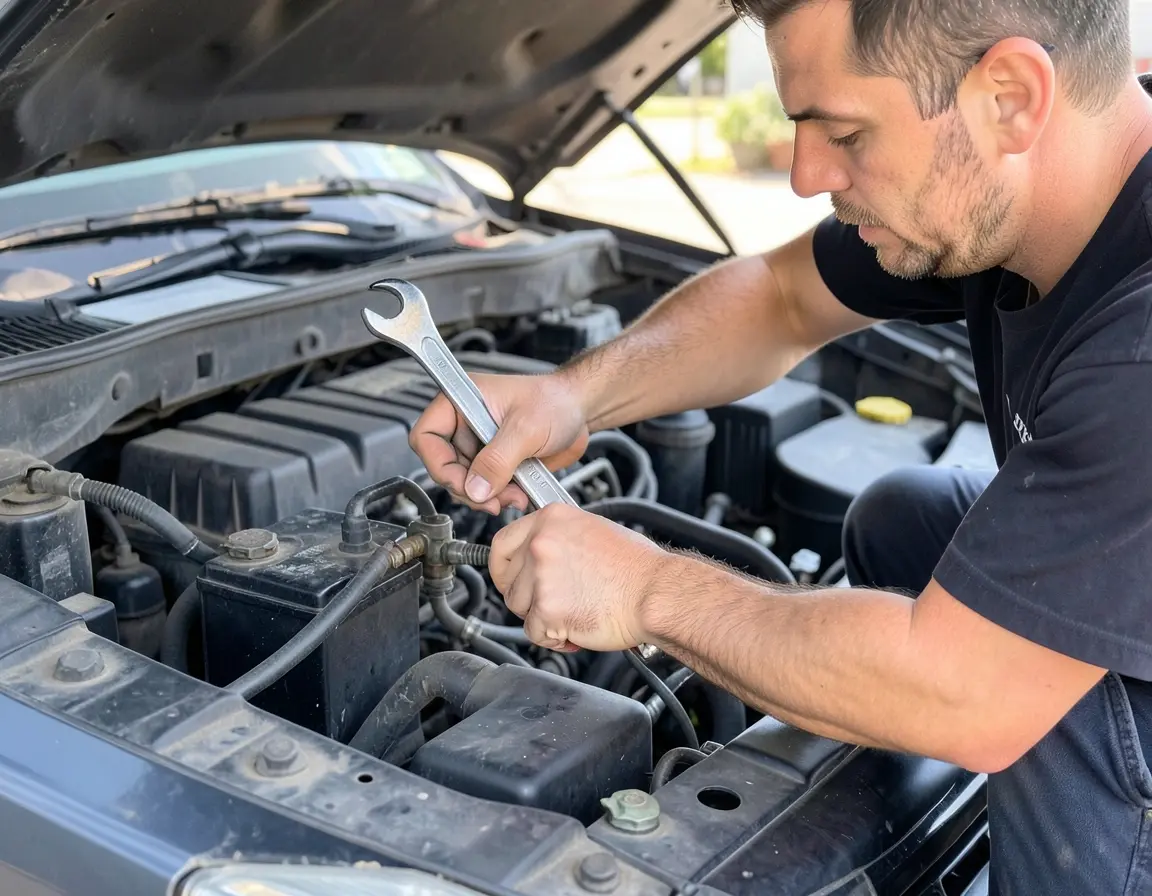 Mechanic reconnecting a car battery terminal after a repair, a common cause of HVAC reset issues