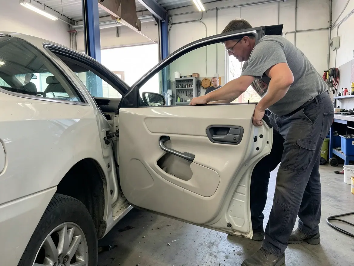 Mechanic removing a car door from its hinges during a replacement job