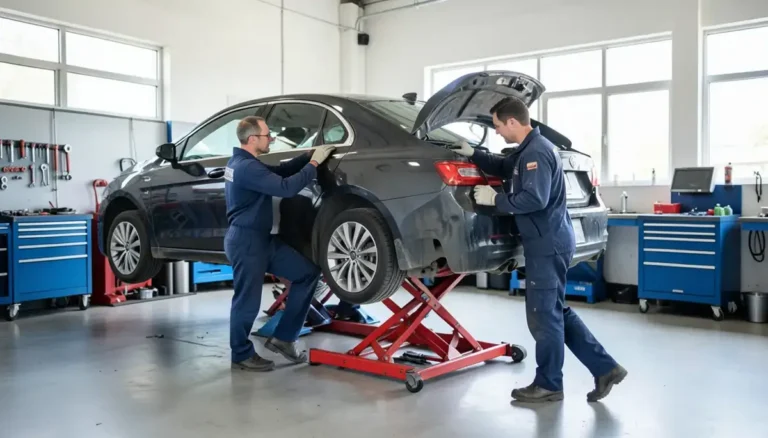 Two mechanics lifting a car with a jack in an auto repair garage